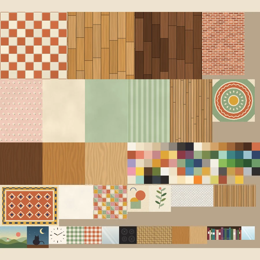 Preview of the 2048 by 2048 texture atlas: wood, tiles, wallpapers, fabrics and decor details